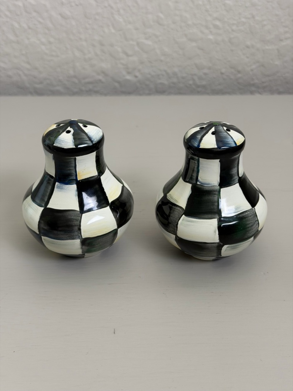MacKenzie-Childs Black and White Check Salt and Pepper Shakers Courtly Check